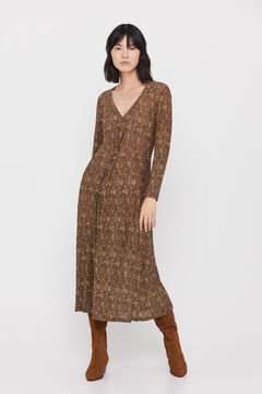 Cortefiel Pleated knot dress Printed brown