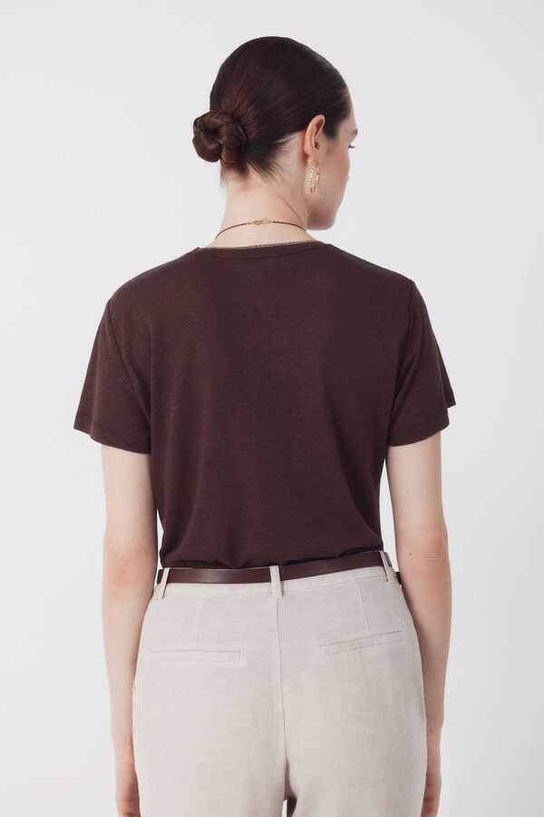 Cortefiel Linen -shirt with lurex neckline Dark brown