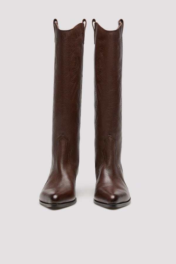 Cortefiel Leather topstitched boot Dark brown