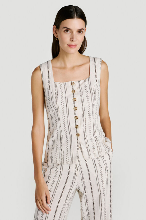 Vila Chaleco de vestir con estampado &eacute;tnico de algod&oacute;n y lino Beige