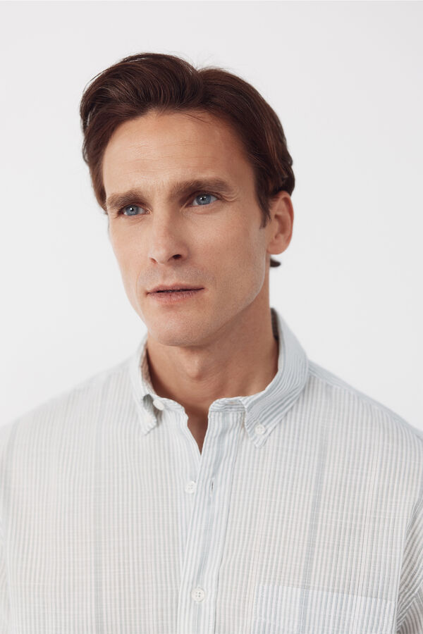 Cortefiel Striped cotton slub shirt Kaki