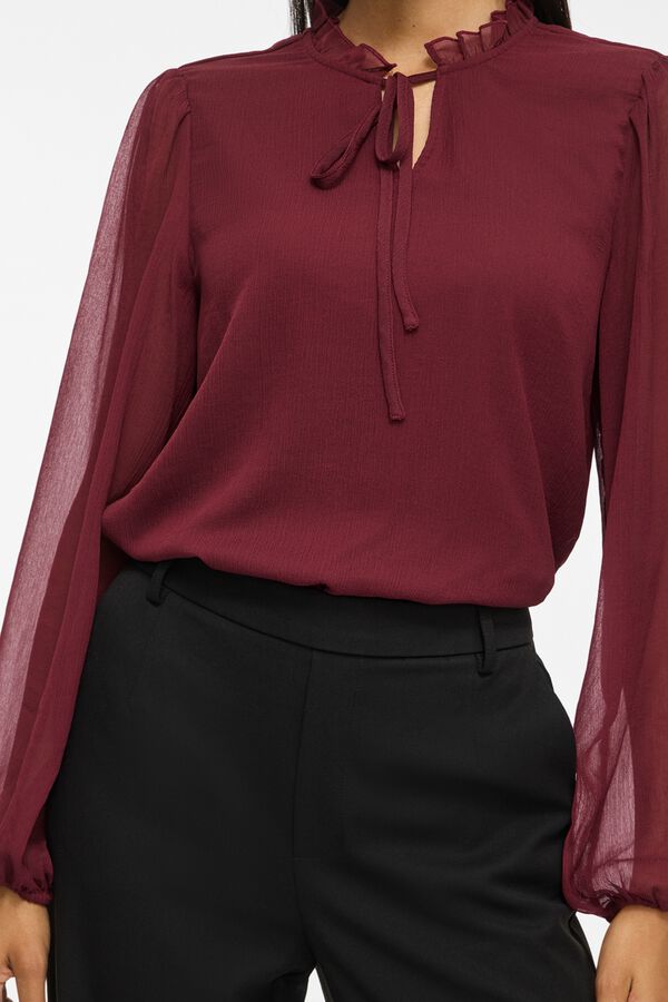 Vila Blusa semitransparente com gola franzida Vermelho