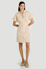 Vila Vestido curto camiseiro em algod&atilde;o e linho Impress&atilde;o