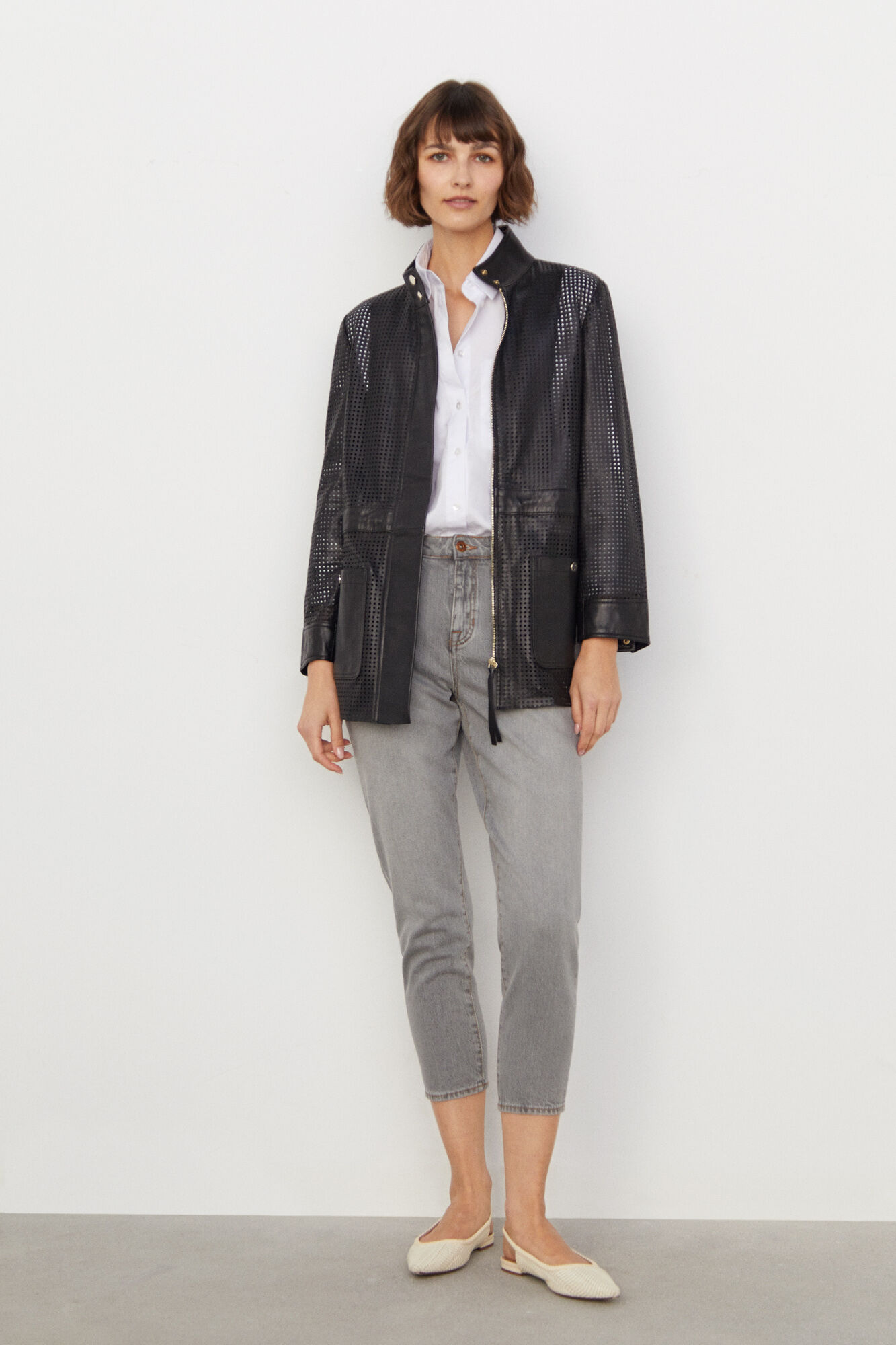 Cutwork leather safari jacket Women s jackets Cortefiel