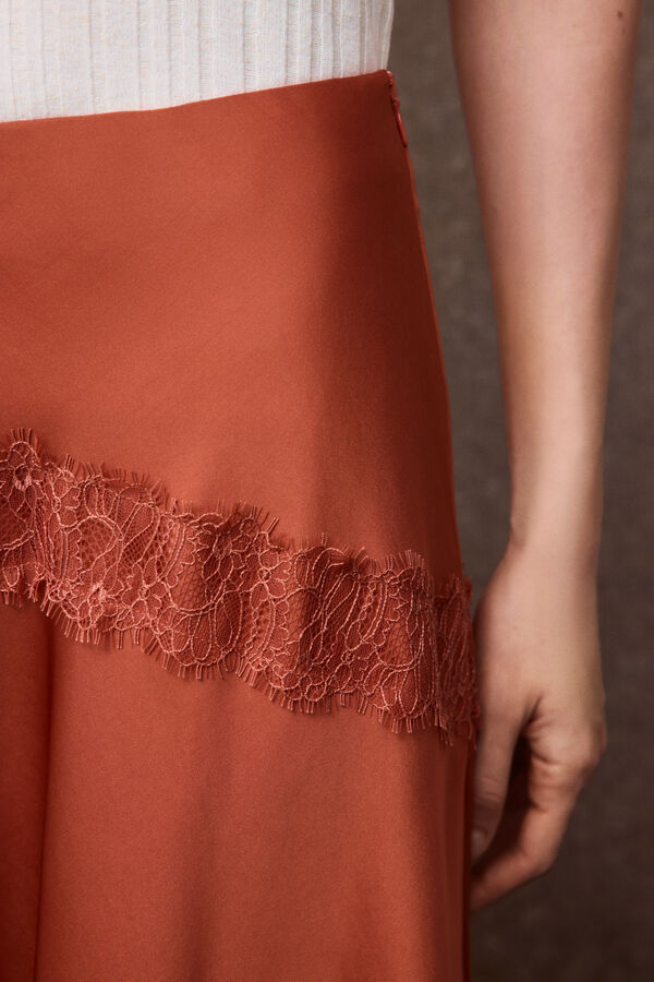 Slowlove Saia midi em cetim e renda Vermelho