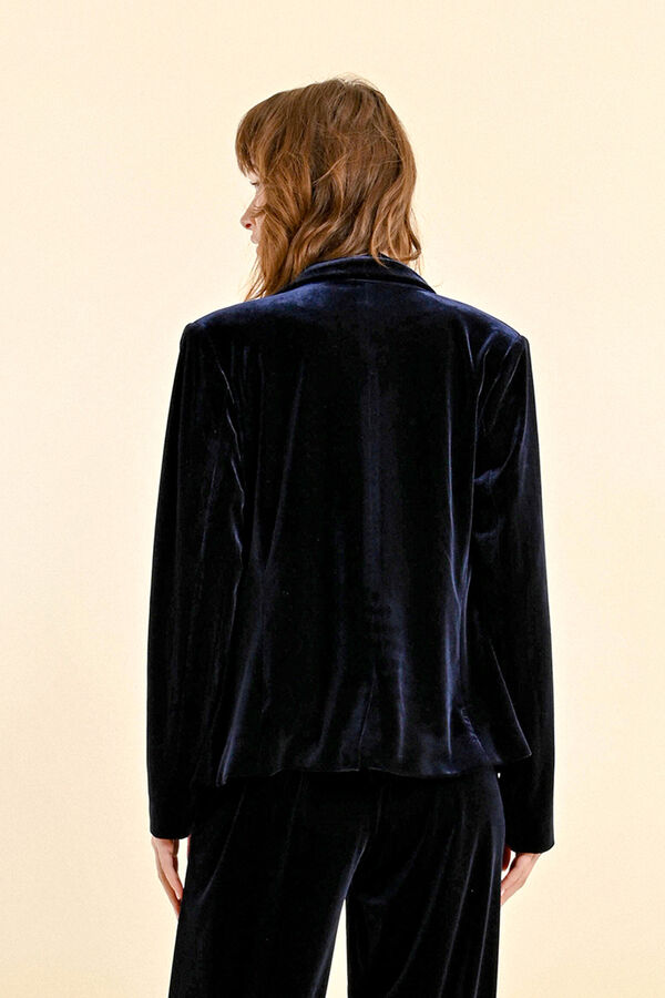 Molly Bracken Blazer feminino de veludo, com gola e lapela. Azul