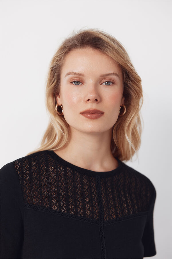 Cortefiel Guipure yoke t-shirt Black