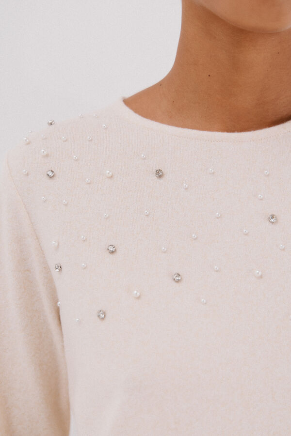 Cortefiel T-shirt with pearl and rhinestone details Ivory