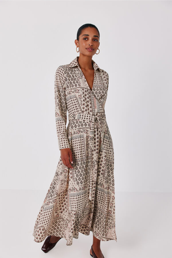 Cortefiel Printed wrap shirt dress Printed beige