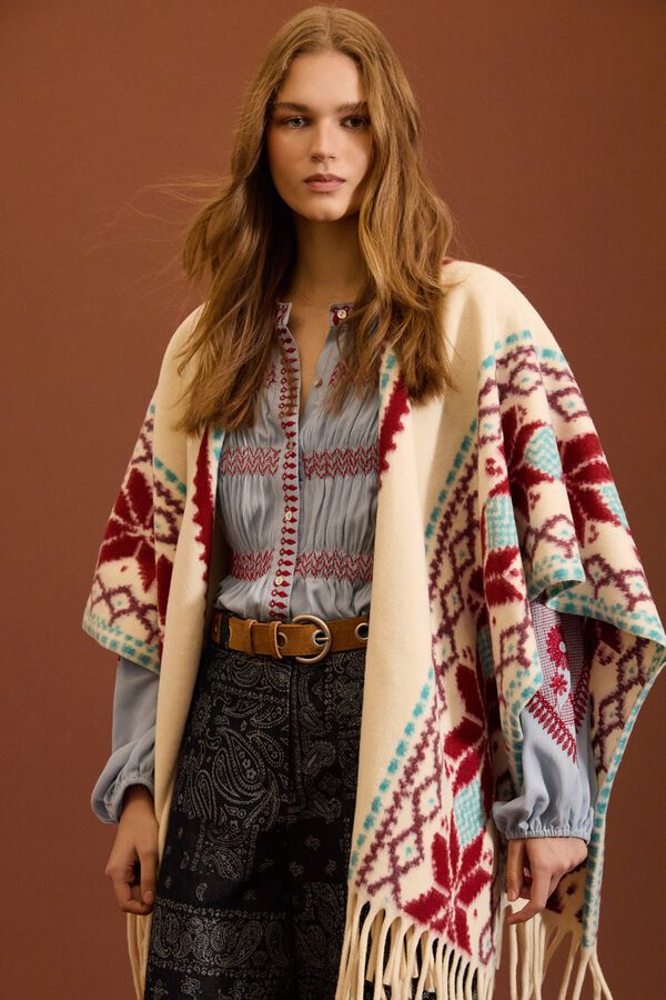 Meisie Ethnic poncho with fringes Printed white