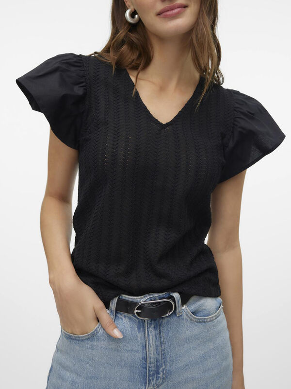 Cortefiel Jersey-knit top with voluminous sleeves Black