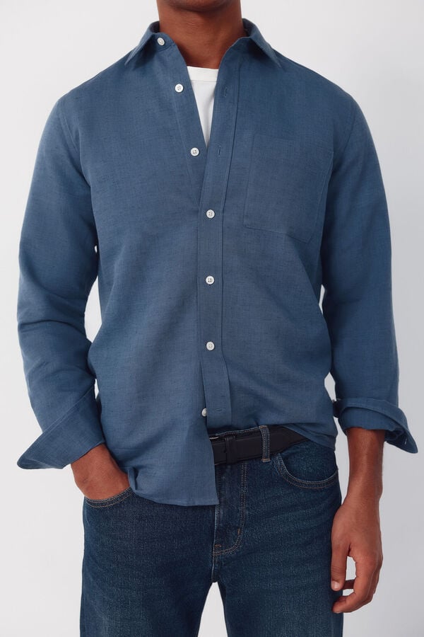Cortefiel Plain linen cotton shirt Navy