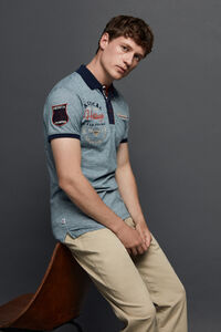 Cortefiel Micro-stripe polo shirt with all over heritage print  Blue