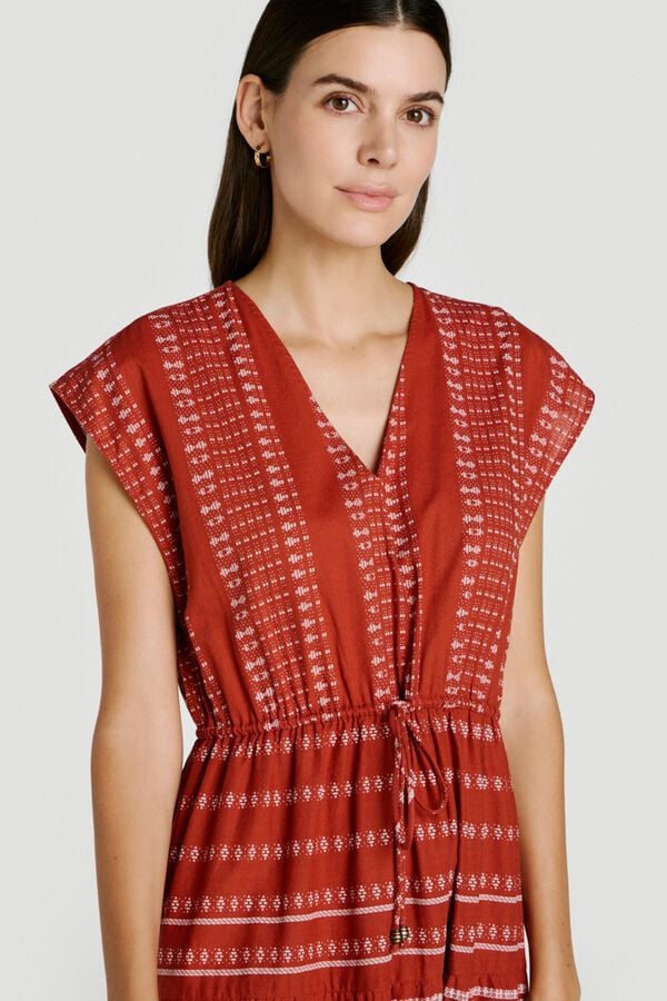 Vila Vestido midi em algod&atilde;o org&acirc;nico com estampado &eacute;tnico Vermelho