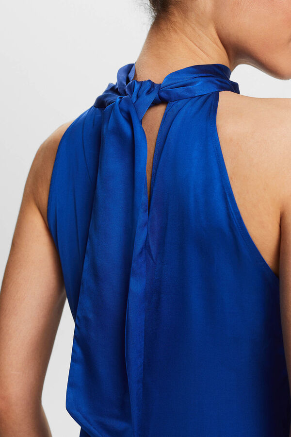 Cortefiel Long satin-finish high neck dress Blue