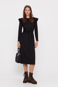 Cortefiel Structured jersey-knit dress with ruffles Black