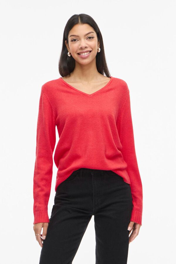 Vila Camisola de malha gola em V de viscose Vermelho