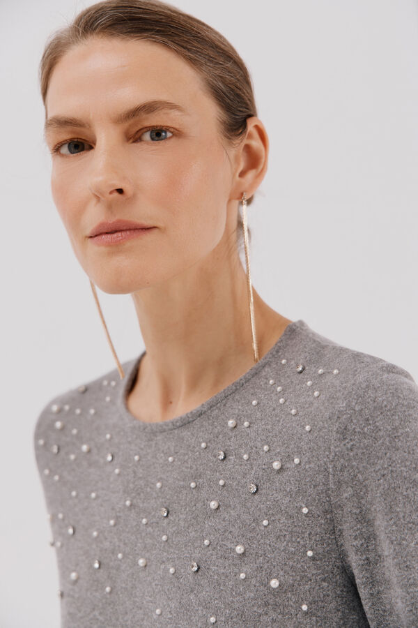 Cortefiel T-shirt with pearl and rhinestone details Grey