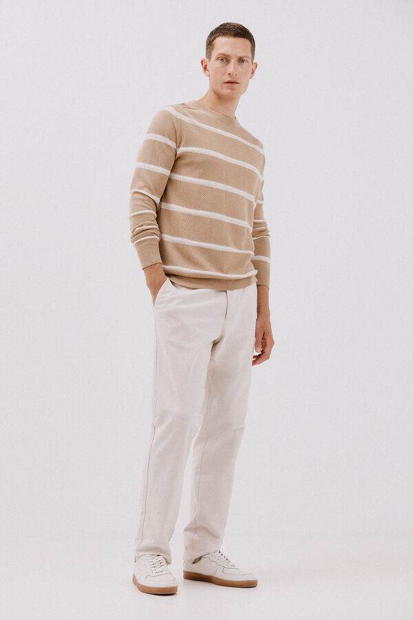 Cortefiel Fine jersey-knit striped round neck sweater  Beige