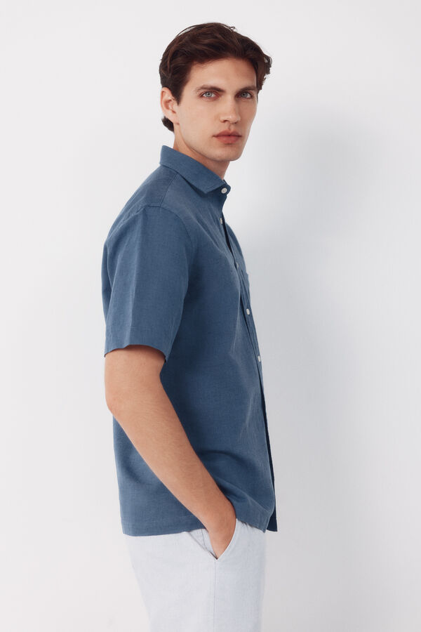Cortefiel Camisa de algod&atilde;o e linho lisa de manga curta Azul