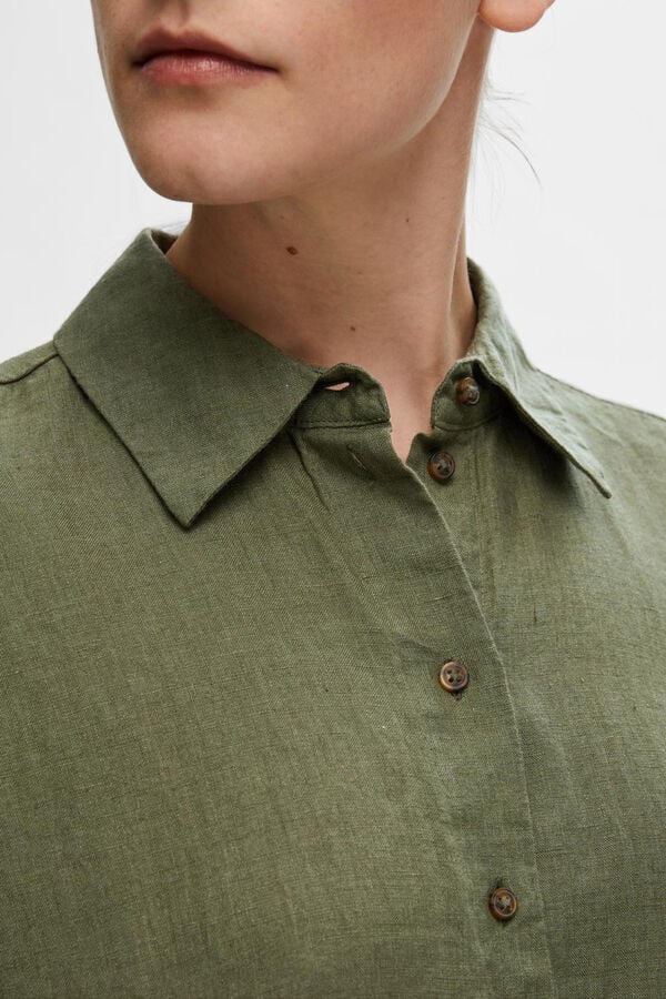 Cortefiel Vestido camisero corto de lino con lazo ajustable en la cintura. Verde