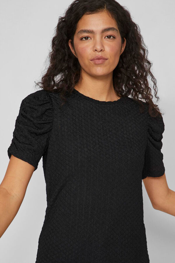 Cortefiel Jersey-knit top with short ruched sleeves Black