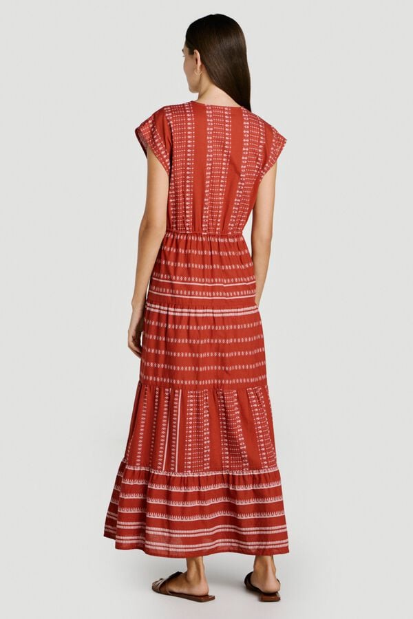 Vila Vestido midi em algod&atilde;o org&acirc;nico com estampado &eacute;tnico Vermelho