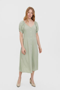 Cortefiel Short-sleeved midi linen dress Green