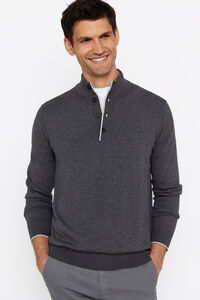 Cortefiel Cotton-silk cashmere high neck jumper with buttons Grey