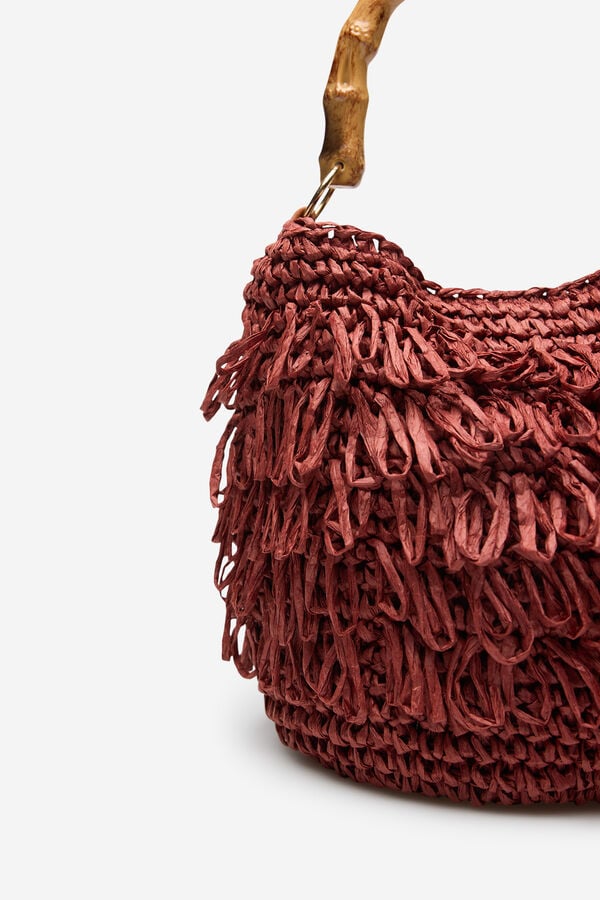 Cortefiel Bolso rafia con flecos Marr&oacute;n