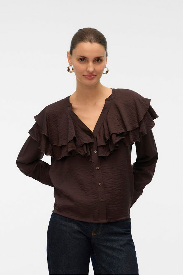 Vero Moda Ruffled neck blouse  Dark brown