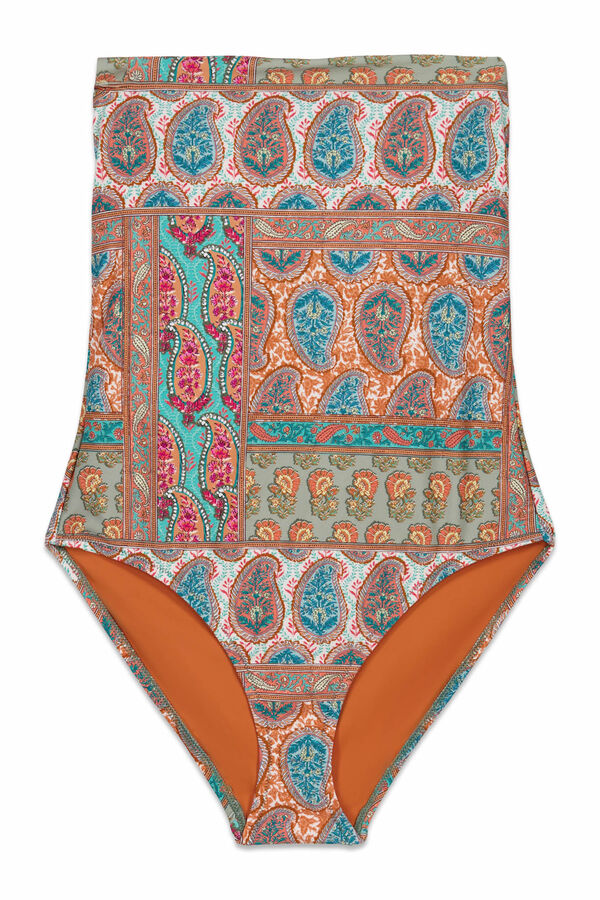 Cortefiel Square neck sculpting swimsuit Printed orange