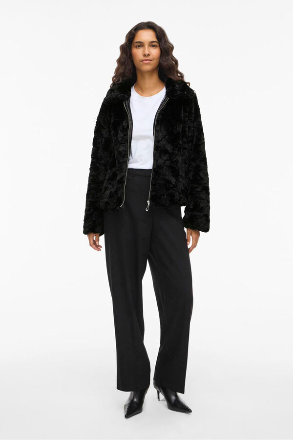 Vila Coat fur coat with zip fastening Black