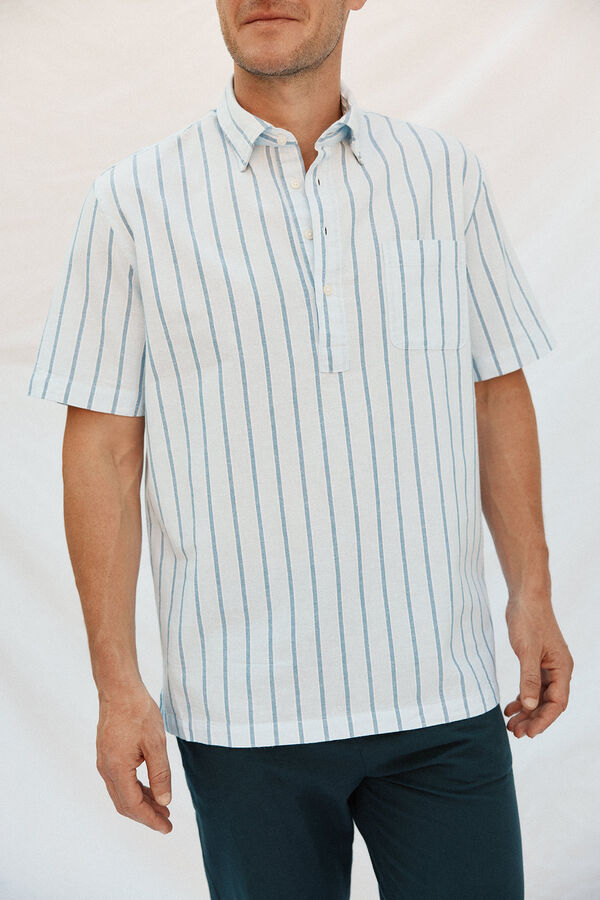 Cortefiel Camiseta riscas de algodão e linho de manga curta Azul