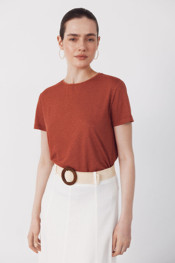 Cortefiel Camiseta de linho com decote em lurex Laranja