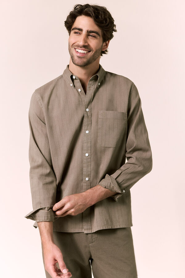 OOTO Striped linen long sleeve shirt Kaki