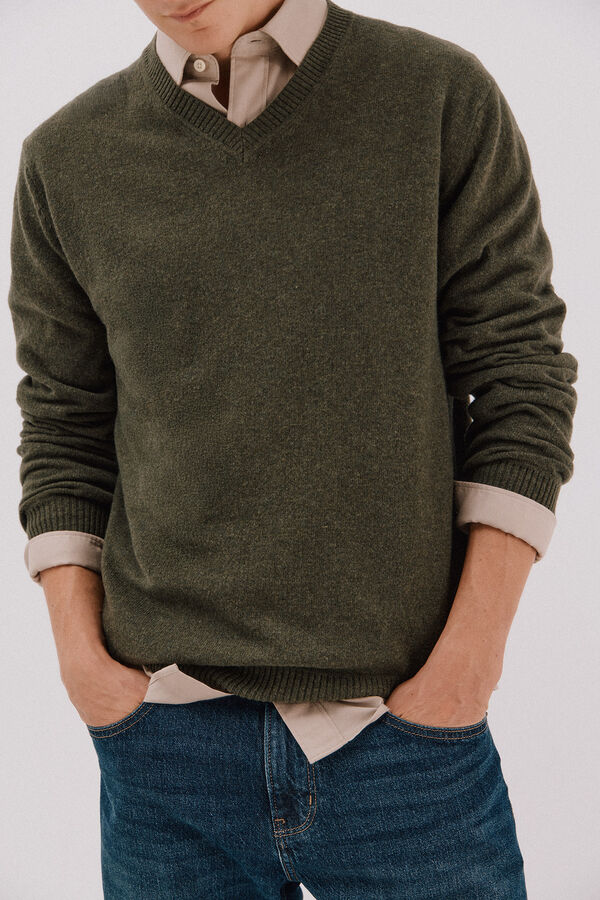 Cortefiel Jersey lana lambswool pico redondo Kaki