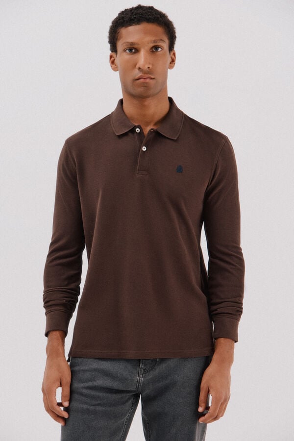 Cortefiel Essential long-sleeved polo shirt Dark brown