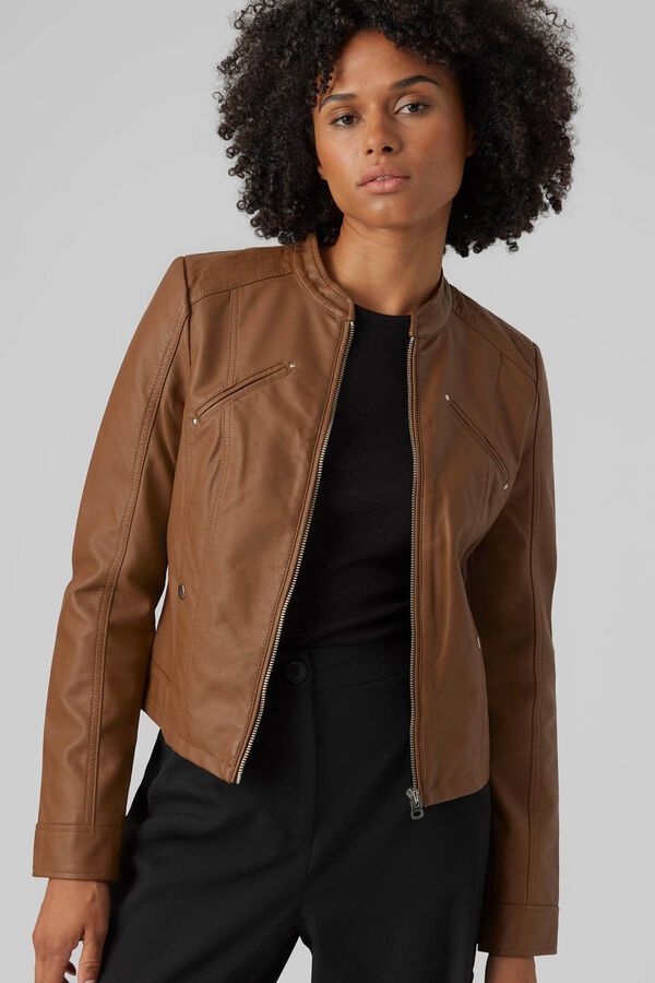Cortefiel Faux leather jacket with perkins collar Brown