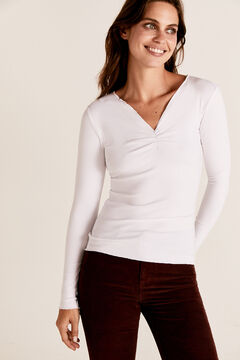 Cortefiel Ribbed gathered t-shirt Ecru