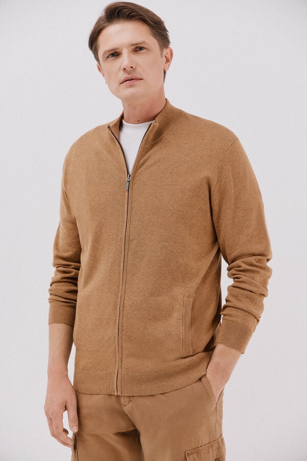 Cortefiel Fine knit cotton jersey-knit zip fastening  Beige
