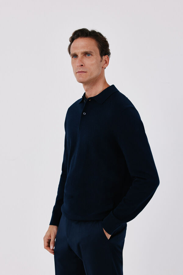 Cortefiel Cotton cashmere knit polo neck jumper Navy