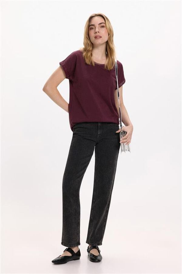 Vila T-shirt de algodão orgânico com manga manga e glitter Roxo