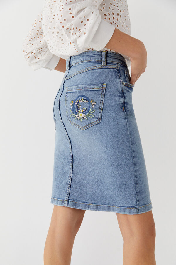 Cortefiel Embroidered denim skirt with logo Blue
