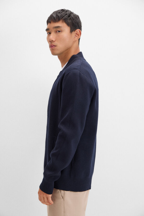 Cortefiel Cotton jersey-knit cardigan with zip fastening Navy