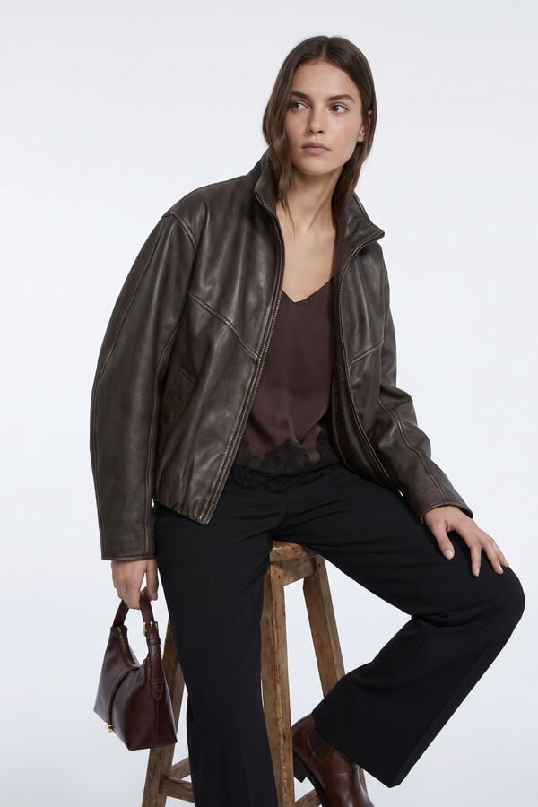 Vero Moda Bomber de pele gola alta Castanho