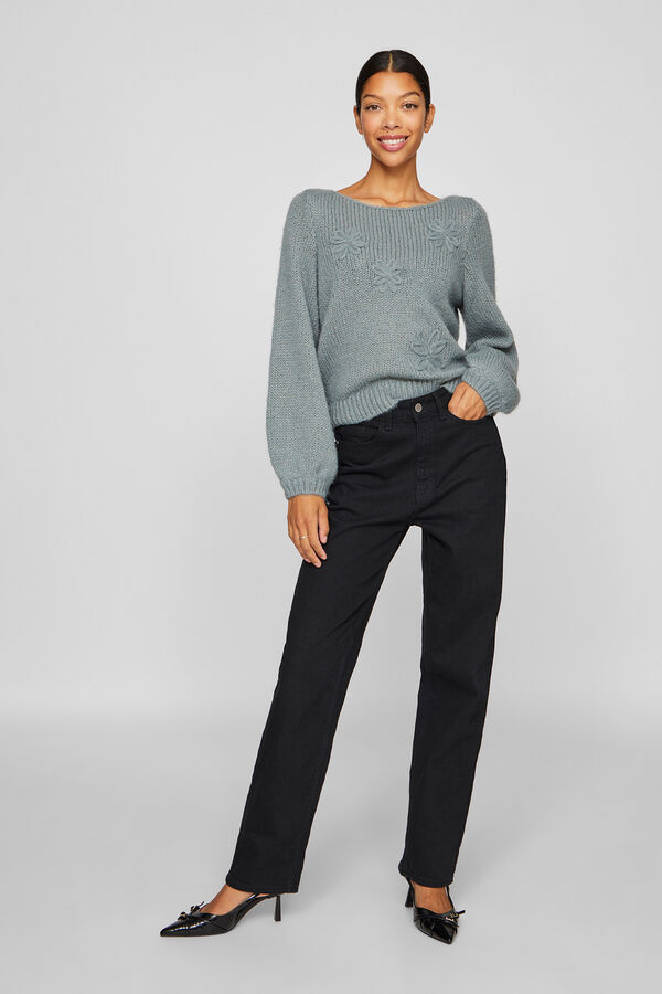 Vila Jersey-knit sweater with embroidered flower detail Kaki