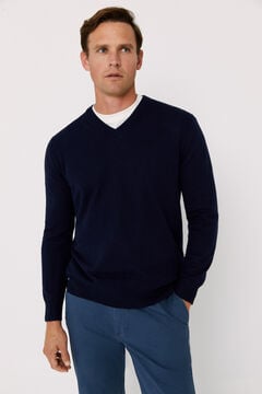 Cortefiel Camisola decote em bico algodão cashmere básico com tip Azul