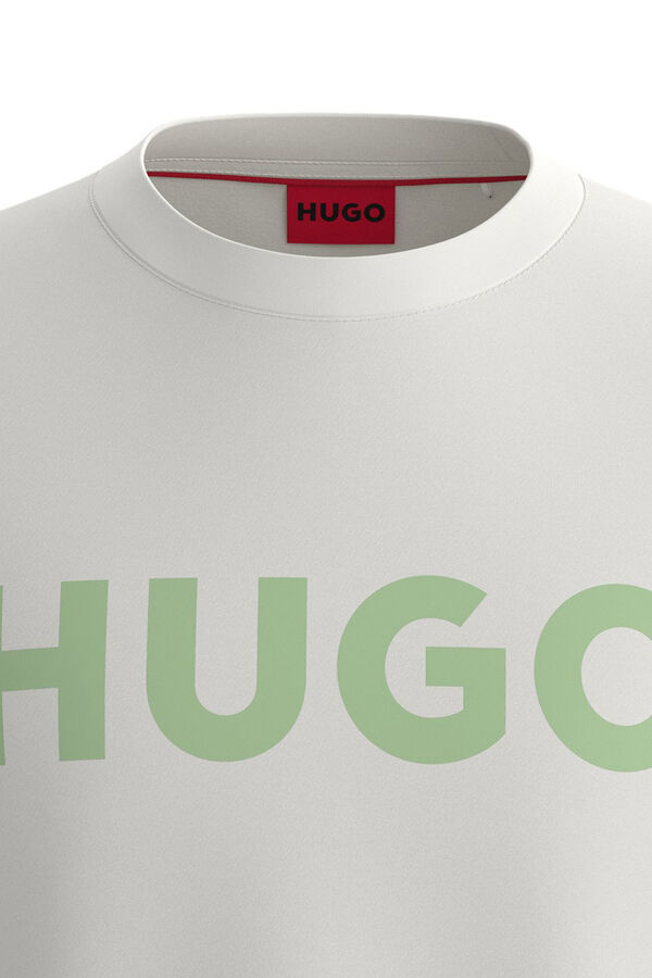HUGO Camiseta de malha de algod&atilde;o com regular fit e logo estampado Ecru
