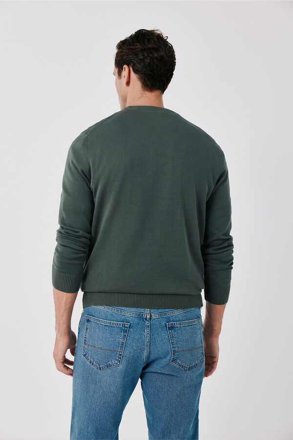 Cortefiel Cotton fine knit round neck jumper Kaki